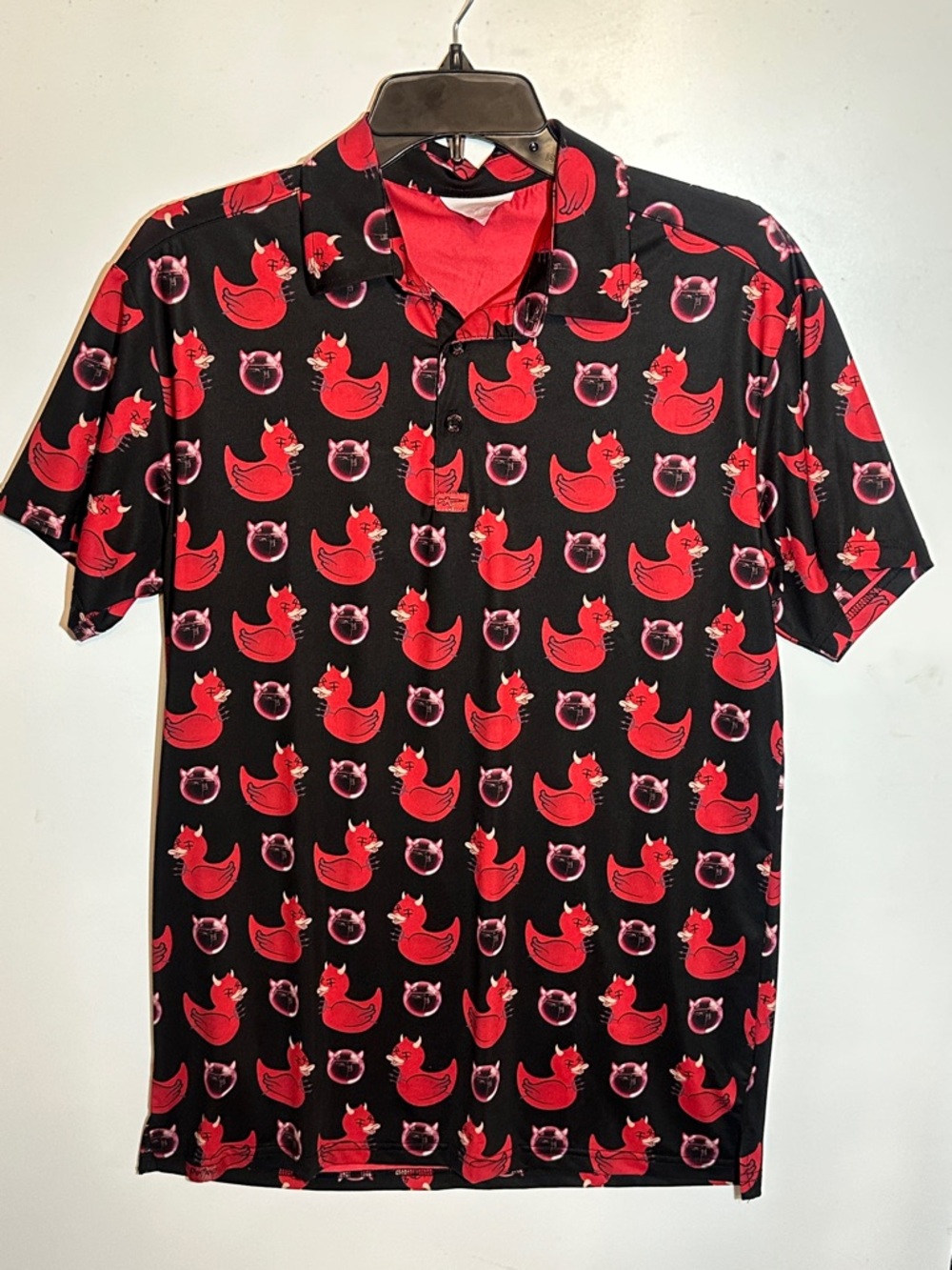 Men's Black Polo with Red Duck Pattern